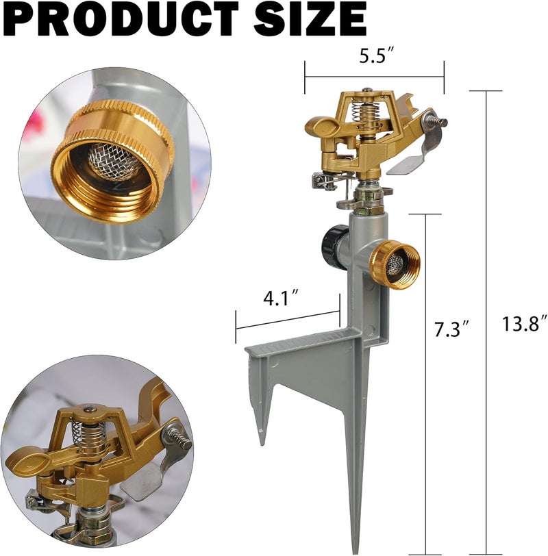 LIULO TOOL 2 Pack Zinc Alloy Impact Sprinklers for Yard, Stainless Steel Pulsating Water Sprinkler Head on Spike Base, Adjustable Water Sprinklers for Large Area Patio Lawn Garden Irrigation - Image 2